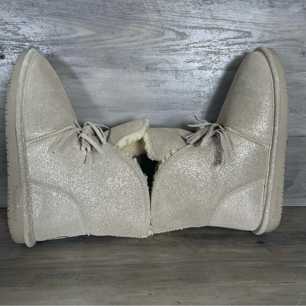 Bearpaw Womens 9 Christie Suede Sheepskin Lining Fringe NeverWet Sparkle Booties